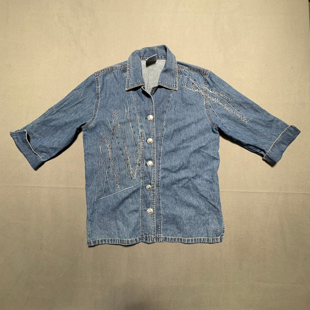 Lexi Womens Denim Button Down Shirt Blue Beaded Embroidered Cotton Size 8